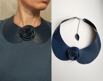Dark blue leather necklace with rosehip flower,Women's leather necklace-collar with rose,collar necklace removeable,gift,Bib Necklaces