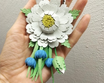 Handmade Leather Gerbera Purse Charm with Blue Bells