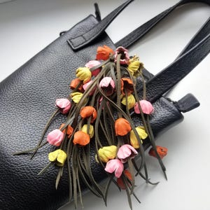 Yellow,pink and orange flowersKeychain for Purse,Leather Purse Charm ,Genuine Leather Flower Bag Charm , Flower Keychain, gift for her