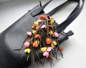 Yellow,pink and orange flowersKeychain for Purse,Leather Purse Charm ,Genuine Leather Flower Bag Charm , Flower Keychain, gift for her