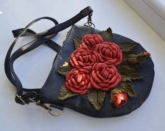 Black Fanny Pack with red flowers,Small shoulder bag with roses,Forest Bum Bag,Genuine Leather Women Cross Body Bag,Phone Pack,gift for her
