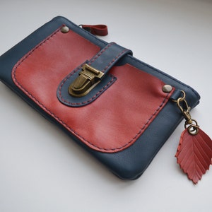 Cartera de cuero hecha a mano para mujer, billetera de cuero azul con bolsillo rojo y cierre de cremallera, billetera de cuero para teléfono y dinero, regalo para ella