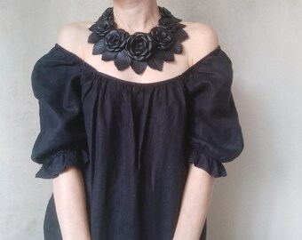Black Leather Rose Necklace, Women's Statement Bib Necklace