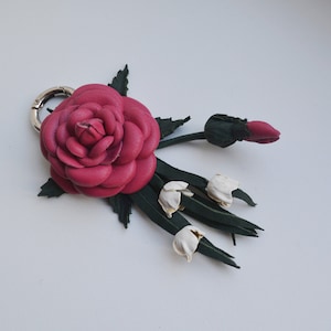 Genuine Leather Flower Bag Charm Dogrose,Pink flower,Handbag Charm,Purse Charms leather,Leather Keychain with Wild Rose Leather,Pink Rose