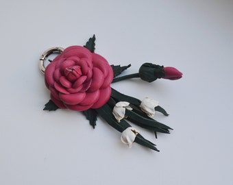 Handmade Leather Dogrose Bag Charm, Pink Flower Keychain