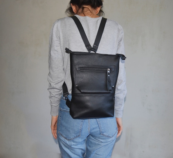 black leather backpack with thick straps Handmade Black Leather Backpack Purse, Women's Rucksack with Zipper Pockets
