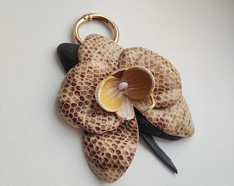 Beige brown Orchid Bag Charm,Phalaenopsis Orchid,Genuine Leather Flower Purse Charms,Leather Keychain ,Yellow flower,gift for her