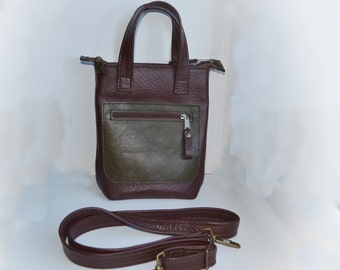 Wine Brown Mini leather tote,Brown Mini leather Bag with Green Pocket,Woman leather bag,Zipper leather bag,Leather tote bag,Crossbody bag