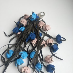 Keychain for Purse,Leather Purse Charm pink,blue and light blue flowers,Genuine Leather  Bag Charm,Leather Flower Keychain,gift for her