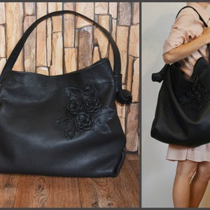 Große Ledertasche mit Blumen, Oversized Tasche, extra große schwarze Tasche, Everyday Foldover Bag, riesige Schultertasche, große Hobo Bag Art.1-406b
