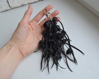 Leather black Rose,Genuine Leather Flower Bag Charm,Handbag Charm,Purse Charms Leather black,Flower Keychain with Roses,Leather Wallet Charm