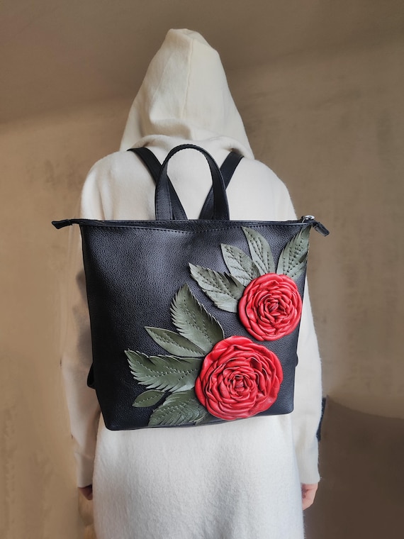 black leather backpack with roses Blacky Leather Backpack With Red Roses,shoulder Bag With Flowers and  Leaves,women's Backpack, Leather Backpack Purse,gift for Her