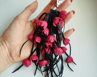Leather Pink Rose, Bag Charm,Handbag Charm,bouquet of flowers , gift for her