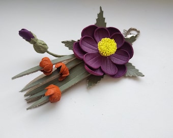 Lilac Leather Flower Keychain ,Orange,Lilac Field Flower,Purse Charm,Genuine Leather Flower Bag Charm,Handbag Charm,Purse Charms