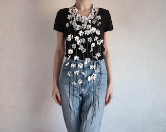 White Leather Flower Necklace, Long Fringe Bib Necklace, Statement Jewelry