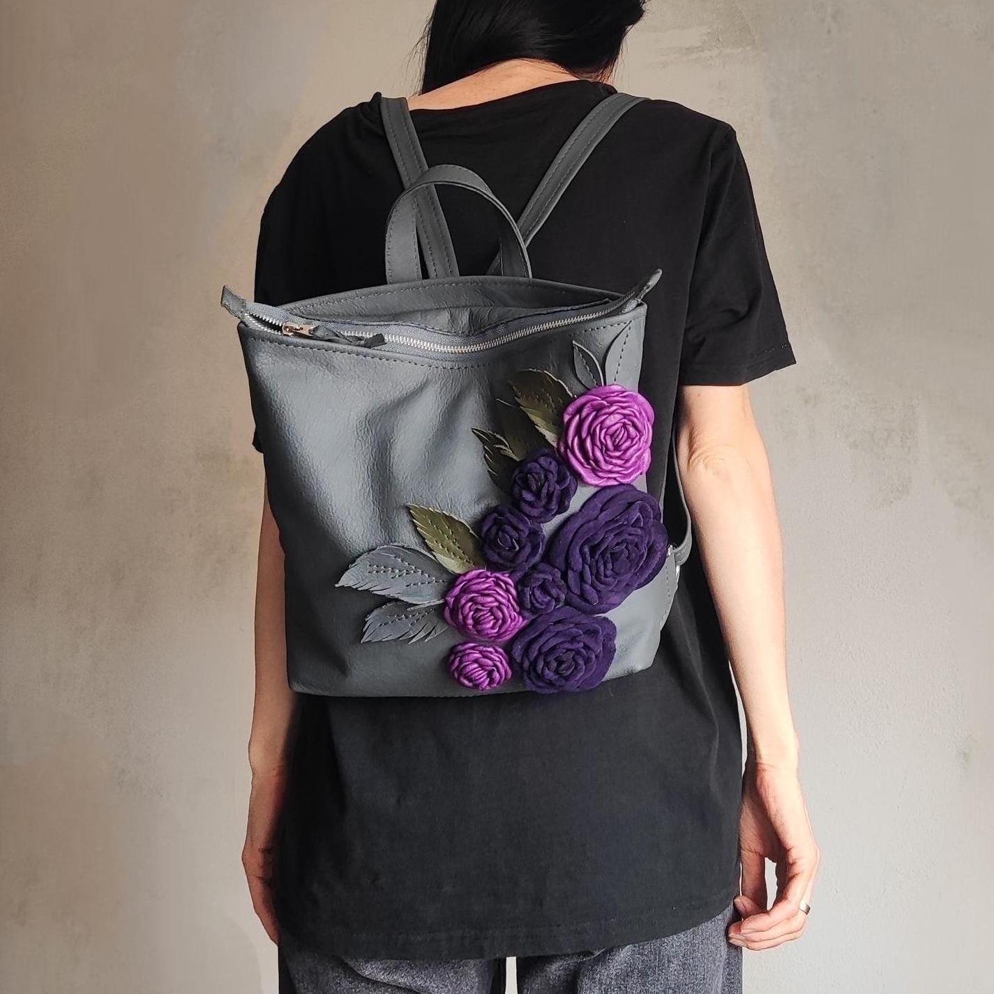 Gray Leather Backpack With Purple Roses,shoulder Bag With  display picture 2