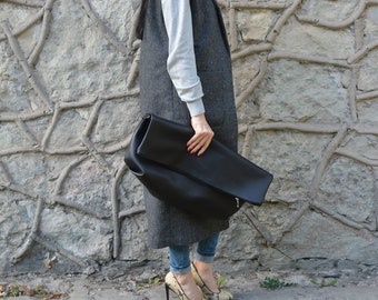Übergroße schwarze Leder Clutch Bag, abnehmbarer Schultergurt