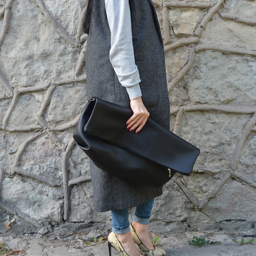 Oversized Black Leather Clutch Bag, Removable Shoulder Strap