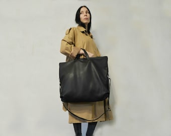 Large leather bag with top handles ,Bag clutch oversized,Extra large black clutch bag,huge shoulder bag,BLACK LEATHER TOT,leather zipper bag