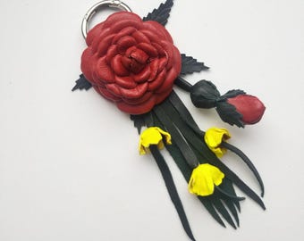 Wild Red Rose,Handbag Charm yellow ,Genuine Leather Flower ,Purse Charms leather,gift for her