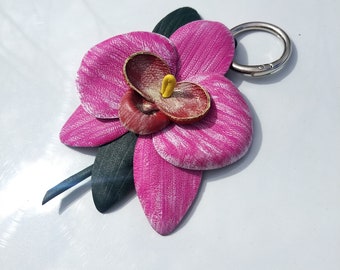 Pink Orchid,forest orchid,Genuine Leather Flower Bag Charm Orchid,leather flower,Purse Charms orchid,Leather Keychain with orchid