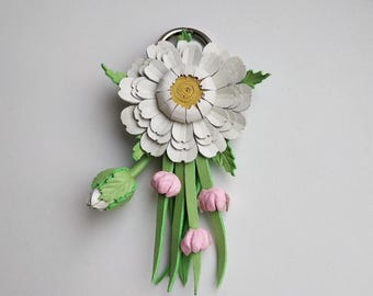 Leather Daisy Bag Charm with Pink Bells, Handmade Flower Brooch, Floral Keychain