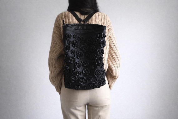 Black leather backpack with flowers,shoulder bag with roses,women's backpack,Natural leather backpack purse,Leather Rucksack,black roses