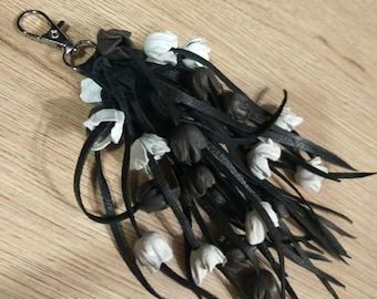 Handmade Leather Flower Purse Charm, White & Gray Roses