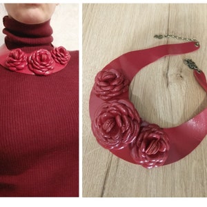 Collier rose laqué, bijoux pour femme avec fleurs bordeaux, collier rouge, bouquet de roses, cadeau pour elle image 5