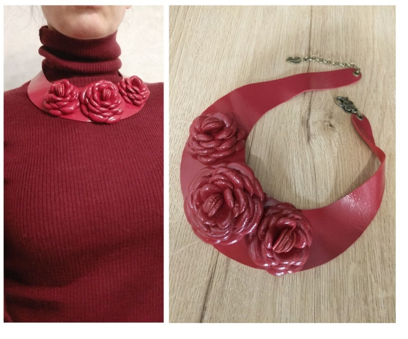 Collier rose laqué, bijoux pour femme avec fleurs bordeaux, collier rouge, bouquet de roses, cadeau pour elle image 5