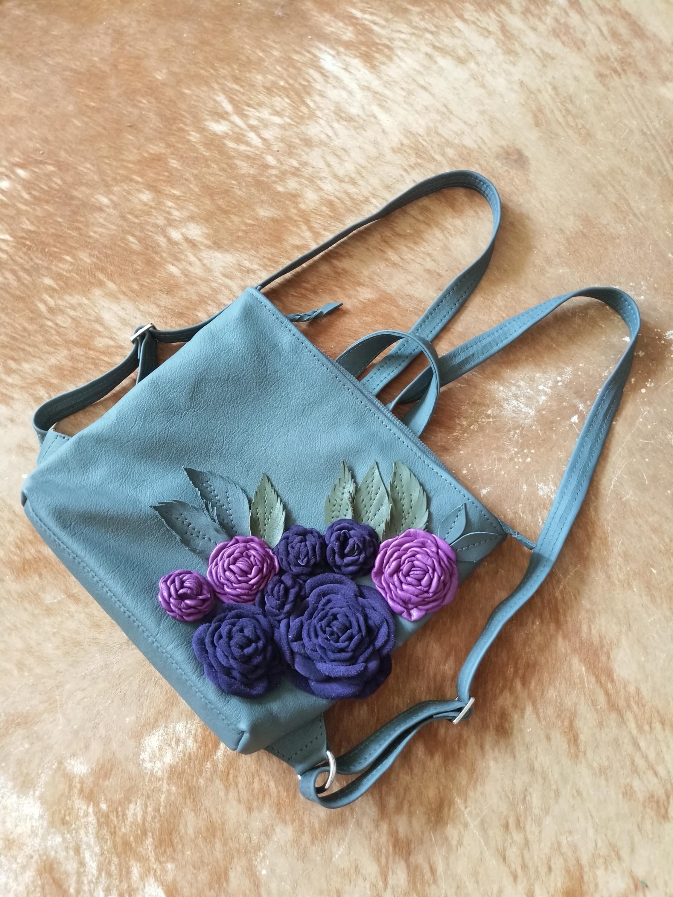 Gray Leather Backpack With Purple Roses,shoulder Bag With  display picture 1