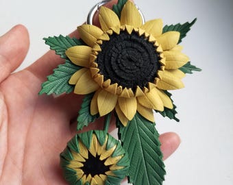 Handmade Leather Sunflower Bag Charm, Purse Keychain