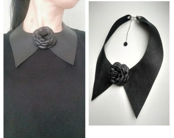 Women's leather necklace - collar with rose,black leather collar necklace  removeable,gift for her,Bib Necklaces with flower