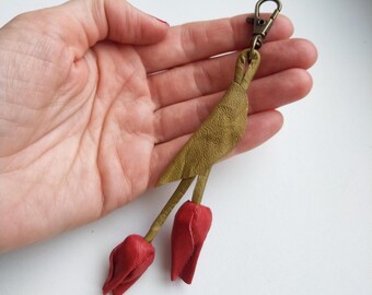 Leather Tulip Bag Charm, Handmade Red Flower Purse Accessory