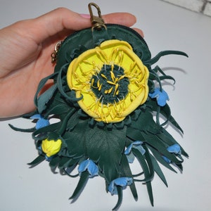 Kleine Geldbörse aus Leder, Geldbörse Keychain, Blumen-Geldbörse-Muster, grüne kleine Geldbörse, Leder-Geldbörsen-Charme gelbe Blume