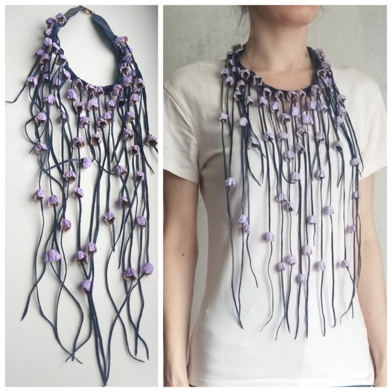Necklace with lilac roses genuine leather,long leather necklace,long fringe necklace,Statement Necklace,Leather Bib Necklace, Bold Necklace image 1