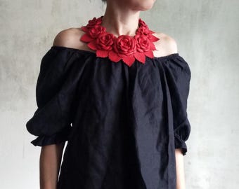 Red necklace with roses,Flower leather,Women's accessory,Statement outfit, Leather Bib Necklace,gift for her
