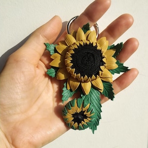 Genuine Leather Flower Bag Charm Sunflower,Handbag Charm,Purse Charms leather,Leather Keychain with Yellow flower,Leather Purse Charm