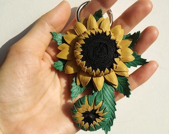Handmade Leather Sunflower Bag Charm, Purse Keychain