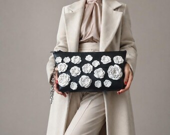 3D Leather Flower Clutch Bag, Handmade Floral Applique Wristlet, Textured Cowhide Cosmetic Pouch with Metal Chain, Unique Gift for Her