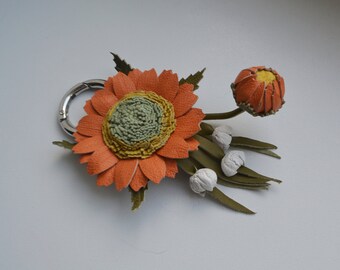 Orange Daisy Genuine Leather Flower Bag Charm, Chamomile Keychain