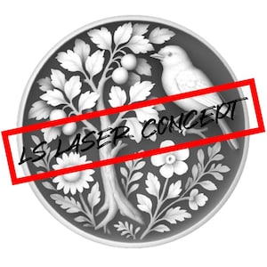 Peut inclure: Une sculpture en relief circulaire en niveaux de gris représentant un oiseau perché sur une branche, un arbre fruitier et des éléments floraux. Le motif est encadré dans un cercle. Le texte "LS LASER CONCEPT" est superposé à l'image.