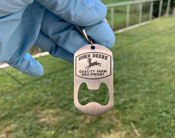 John Deere vintage old school stainless steel bottle opener keychain. Customization available.