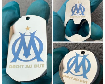 Décapsuleur ou porte clés rond ou rectangle inox poli miroir OM Olympique de Marseille. Personnalisation sur mesure possible