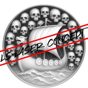 Peut inclure: Un motif circulaire en niveaux de gris représentant un navire viking naviguant sur les vagues, entouré de crânes. Le navire a une tête de dragon à la proue. Le texte "LS LASER CONCEPT" est sur l'image.