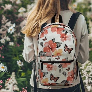 Sac à dos hibiscus, imprimé floral, rentrée des classes, cartable à fleurs, joli sac à dos, sac imperméable, sac de voyage, cadeau pour amoureux des papillons, jardin