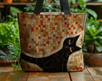 Black Cat Mosaic Tote Bag, Kitty Tote, Book Bag, Gift For Student, Teacher Gift, Back To School, Gifts Under 30, Cat Lover Gift, Cat Mom