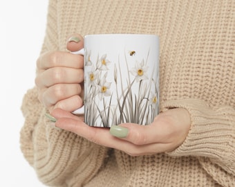 December Narcissus Birth Flower Ceramic Mug, Botanical Design, Floral, Flower Lover, December Birthday, Great Girl Gift, Pretty Coffee Cup