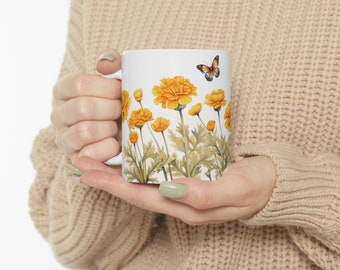 October Marigold Birth Flower Ceramic Mug, Botanical Design, Floral, Flower Lover, October Birthday, Great Girl Gift, Pretty Coffee Cup