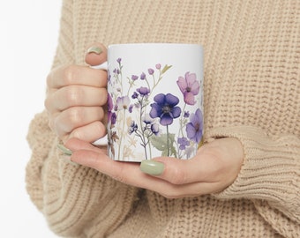February Violets Birth Flower Ceramic Mug, Botanical Design, Floral Cup, Flower Lover, February Birthday, Birthday Gift, Great Gift, Purple